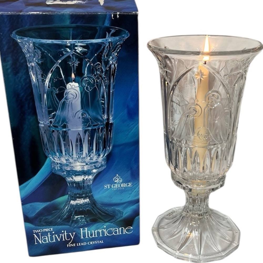Christmas 24% Lead Crystal Nativity Scene Hurricane Candle Holder. St. George